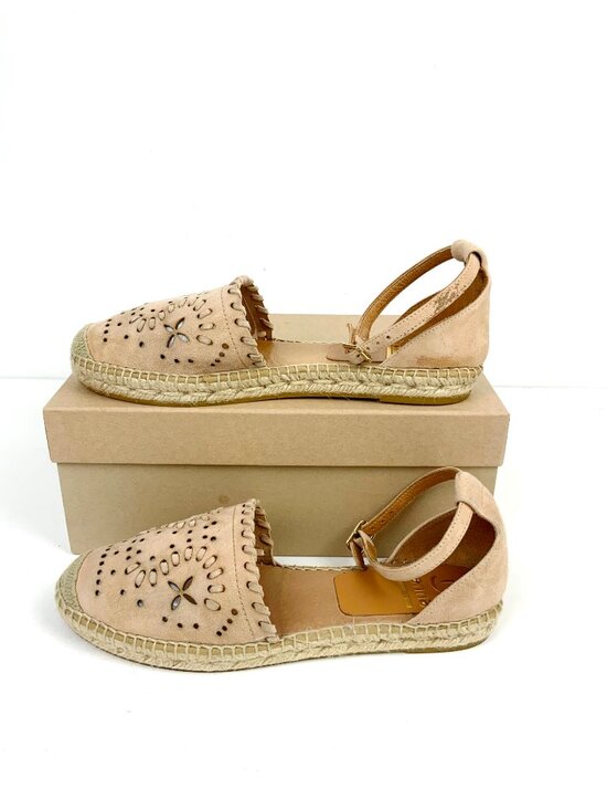 kanna Shoes - Kanna Flat Closed Toe Tan/Blush Nutbuck Laser Cut Ankle Strap Espadrilles Sz 39